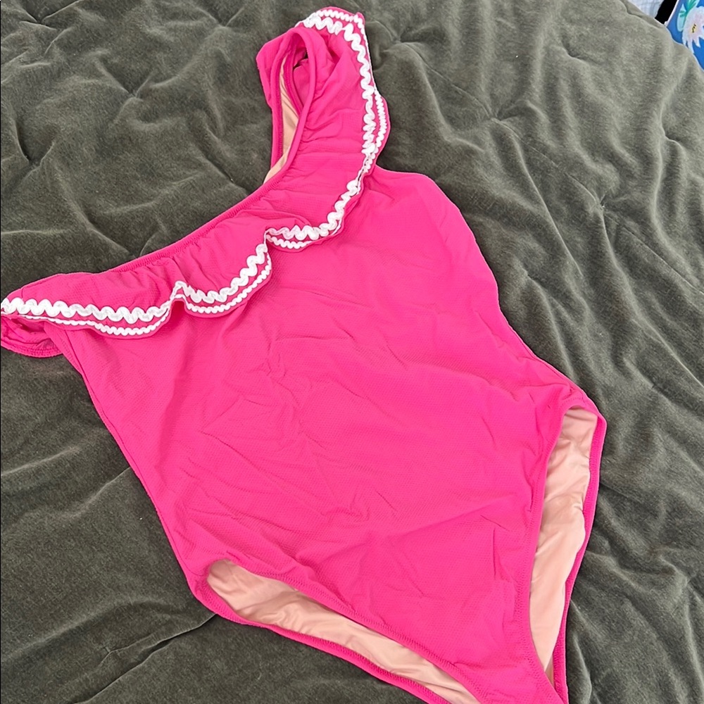 Jcrew One-Shoulder Pink ruffle rickrack Swimsuit